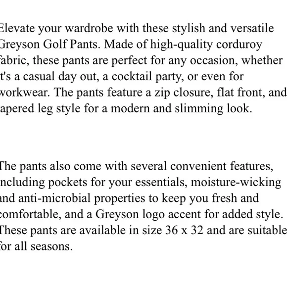 Greyson Golf Pants Appaloosa Corduroy 36 x 32 Quartz Pink